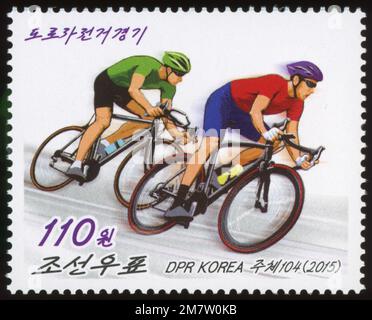 2015 Nordkorea Stempelsatz. Sport - Radfahren. Radfahren Stockfoto