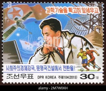 2015 Nordkorea Stempelsatz. Neujahrsrede von Kim Jong UN. Wissenschaft und Technologie Stockfoto