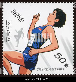 2014 Nordkorea Stempelsatz. Sport. Marathon Stockfoto