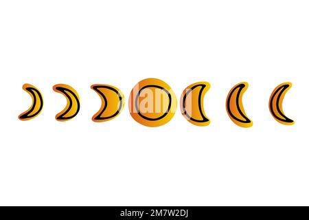 Space-Doodle-Bild. Handgezeichnete goldene Mondphasen, isoliert auf weißem Hintergrund. Astronomisches Objekt umrandet. Das Zeichen für die Skizze des Universums. Astronomie, astr Stock Vektor