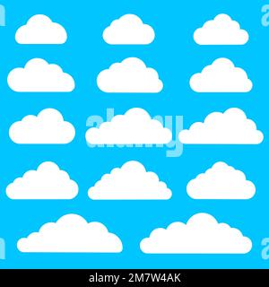 Gruppe von Wolkensymbolen auf blauem Hintergrund. Sammlung verschiedener Wolkensymbole.Vektordarstellung. Stock Vektor