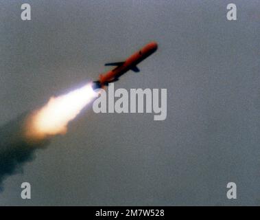 Ein Blick auf eine Tomahawk-Rakete des BGM-109 während eines Landangriffs, einen konventionellen Raketenversuch in der Nähe des Pacific Missile Test Center, Point Mugu, Kalifornien. Land: Pazifik (POC) Stockfoto