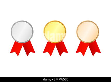 Medaillen mit Bändern auszeichnen. Sammlung von Gold-, Silber- und Bronzemedaillen isoliert auf dem Hintergrund. Vektordarstellung. Stock Vektor