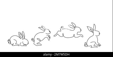 Rennen, hüpfendes Kaninchen, Häschen, Hasen. Vector One – Illustrationen für durchgehende Strichgrafiken. Hase im Sprung Stock Vektor