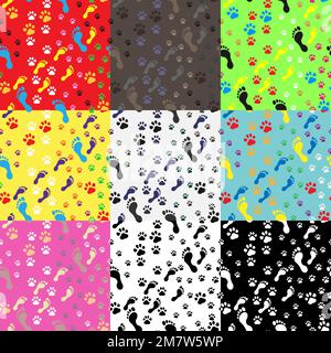 Großer nahtloser Hintergrund mit Fußabdruck von Katze, Hund und Mensch. Vektordarstellung. Eps 10. Stock Vektor