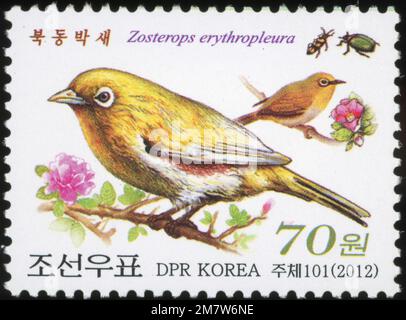 2012 Nordkorea Stempelsatz. Fauna - Vögel. Kastanienflankierter Weißauge, Zosterops erythropleurus Stockfoto