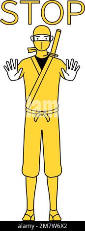 Ein Mann, verkleidet als Ninja, mit der Hand vor seinem Körper, als Stoppzeichen. Stock Vektor