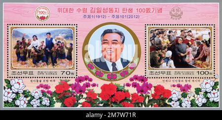 2012 Nordkorea-Stempel. Zum 100. Geburtstag von Kim II. Sung Stockfoto