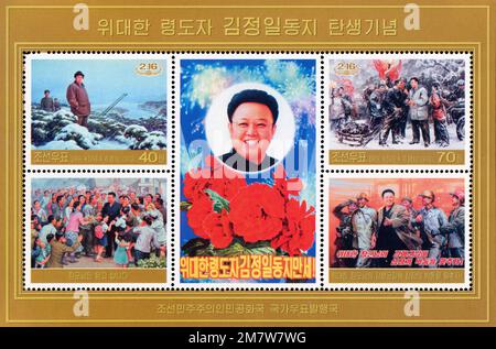 2012 Nordkorea-Stempel. Kim Jong Il zum 70. Geburtstag Stockfoto