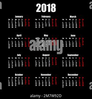 Kalender 2018 Jahre einfacher Stil isoliert auf schwarzem Hintergrund. Vektordarstellung. Eps 10. Stock Vektor