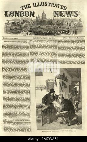 Alte viktorianische Zeitung, Titelseite, 1858, das gestohlene Bild, der Zeitungsleser Stockfoto