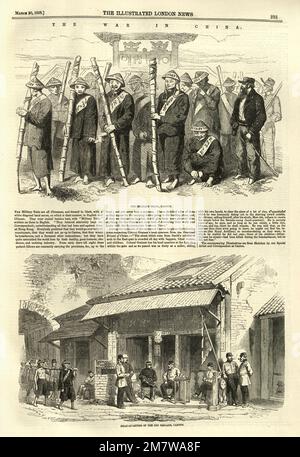 Alte Illustrationsszenen aus dem Zweiten Opiumkrieg, Militärzug und Hauptquartier der 2. Brigade, Kanton, 1850er., 19. Jahrhundert Stockfoto