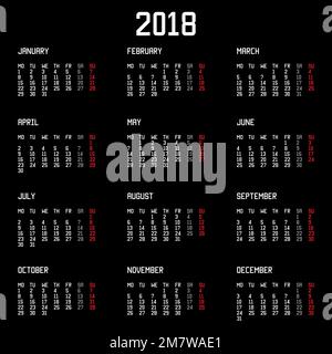Kalender 2018 Jahre einfacher Stil isoliert auf schwarzem Hintergrund. Vektordarstellung. Eps 10. Stock Vektor