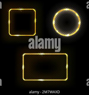 Set aus Quadrat, Kreis, Rahmen mit Lichteffekten, die auf transparentem Hintergrund isoliert sind. Vektordarstellung. Eps 10. Stock Vektor