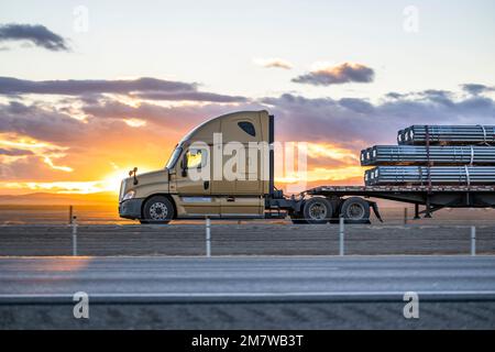 Industrieller, beliebter Sattelschlepper in Beige mit hoher Kabine, der befestigte kommerzielle Fracht auf einem Auflieger mit Flachbett transportiert, der auf dem läuft Stockfoto