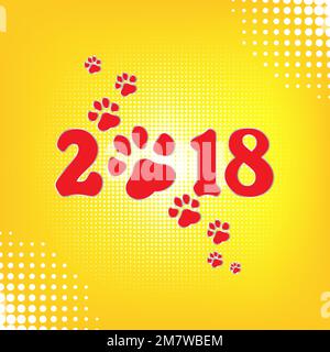 Chinesischer Kalender für das neue Jahr von Hund 2018. Pfotenabdruck. Vektordarstellung. Originaldesign. Halbtonhintergrund. Pop-Art-Retro-Stil. Stock Vektor