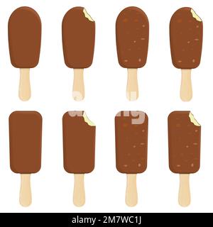 Eiscreme-Set mit Nüssen auf einem Stock isoliert auf weißem Hintergrund. Vektordarstellung. Eps 10. Stock Vektor