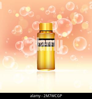 Kosmetische Werbung. Goldene Flaschenverpackung mit Feuchtigkeitscreme oder -Flüssigkeit. 3D-Vektordarstellung. Stock Vektor