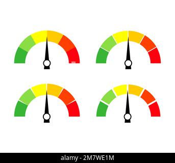 Tachometersymbol oder Schild mit Pfeil. Kollektion von farbigen Infografiken. Vektordarstellung. Stock Vektor