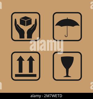 Symbol „zerbrechlich“ auf Pappe. Satz empfindlicher Symbole auf Pappe. Schirm, Glas, Pfeil und Handschuhfach, Vektorzeichen, Abbildung 10 Stock Vektor