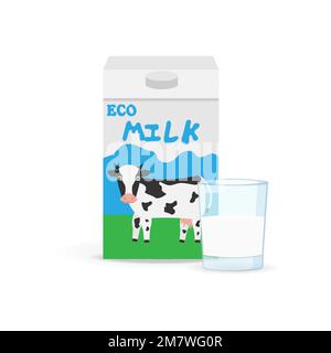 Milchverpackung und ein Glas Milch, isoliert auf weißem Hintergrund. Vektordarstellung. EPS 10 Kuhmilchkarton und Milchbecher. Ein Glas Milch mit Giebel Stock Vektor