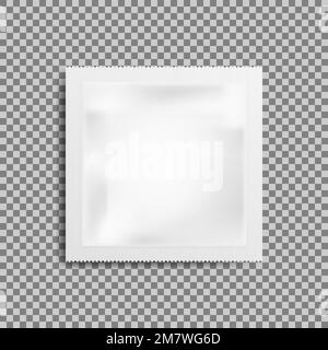 Realistic White Blank Template Packfolienfeuchte Wischtücher. Lebensmittelverpackung Kaffee, Salz, Zucker, Pfeffer, Gewürze, Süßigkeiten. Isoliert auf transparentem Hintergrund. Stock Vektor