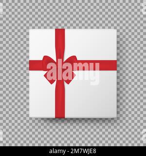 Weiße Geschenkbox mit glänzender roter Schleife aus Satin und Band, Nahaufnahme isoliert auf transparentem Hintergrund. Vektordarstellung. Eps 10. Stock Vektor