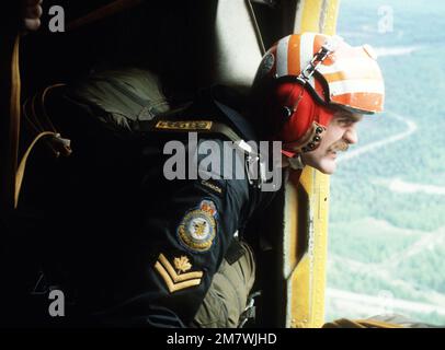 Ein kanadisches Such- und Rettungsteam bereitet sich auf einen Sprung aus einem DHC-5D-Buffalo-Flugzeug während SAREX vor, einem gemeinsamen US-amerikanischen - Kanadische Übung in Alaska. Betreffbetrieb/-Serie: SAREX-Land: Unbekannt Stockfoto