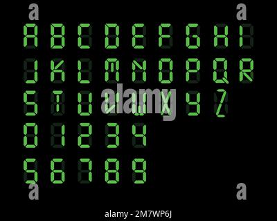 Digitale Schriftart. Buchstaben und Ziffern des Weckers sind auf schwarzem Hintergrund isoliert. Vektordarstellung. Eps 10. Stock Vektor