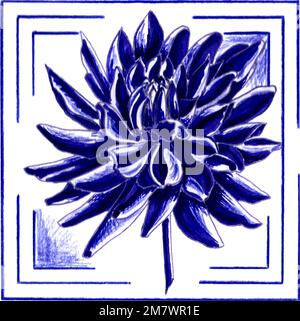 Blau-lila Dahlia in einem Rahmen. Botanische JPEG-Grafik mit Blumenmuster auf weißem Hintergrund. Stockfoto