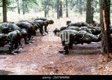 Die Schüler der Combat Control School, bewaffnet mit XM-117 Submaschinengewehren, machen Liegestütze. Das ist Teil des täglichen Routinetrainings, bevor sie nach ihrem Abschluss zu Red Berets werden. Basis: Luftwaffenstützpunkt Pope Bundesstaat: North Carolina (NC) Land: Vereinigte Staaten von Amerika (USA) Stockfoto