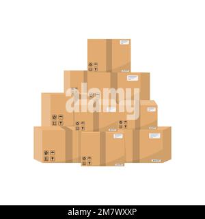 Stapel gestapelter Pappkartons, isoliert auf weißem Hintergrund. Vektordarstellung. Eps 10. Stock Vektor