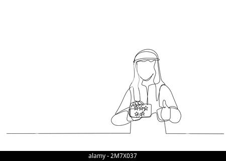 Abbildung eines arabischen Geschäftsmanns mit fünf gelben Sternen und Daumen nach oben. Strichgrafik-Stil Stock Vektor