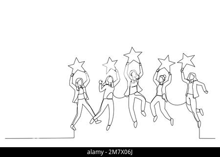 Zeichnung einer Geschäftsfrau, die springt und goldene Rezensionssterne hält. Metapher für Unternehmensbewertung. Einzeiliger Kunststil Stock Vektor