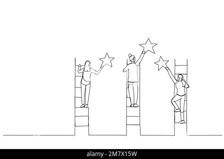 Abbildung: Geschäftsfrau erreicht Sterne mit Treppen auf Wolken. Einzeiliger Kunststil Stock Vektor