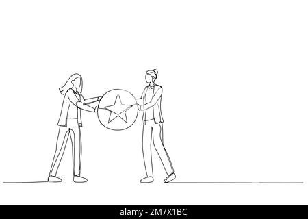 Zeichnung einer Geschäftsfrau, die dem erfolgreichen Mitarbeiter ein goldenes Sternchen verleiht. Metapher für Anerkennung. Einzeilige Kunst Stock Vektor