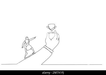 Zeichnung eines aran Woman-Laufs mit voller Kraft, um den Pokal in der riesigen Hand zu erreichen. Metapher für Motivation zum Erreichen des Ziels, kleiner Gewinn zur Motivation des Mitarbeiters. Stock Vektor