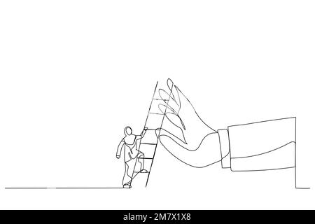 Zeichnung einer arabischen Geschäftsfrau, die die Leiter hochklettern will, um die Riesenhand zu überwinden und ihn aufzuhalten. Metapher für die Überwindung geschäftlicher Hindernisse, Barrieren oder Unterschiede Stock Vektor