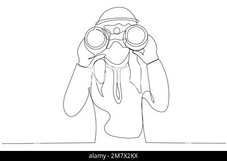 Zeichnung eines jungen arabischen Geschäftsmannes mit dem Fernglas. Einzeiliger Kunststil Stock Vektor