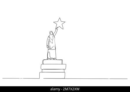 Der Cartoon der muslimischen Frau greift nach den Sternen, indem er Bücher als Plattform benutzt. Einzelne durchgehende Strichgrafiken Stock Vektor