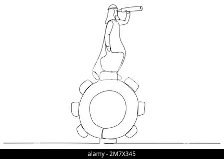 Abbildung eines arabischen Geschäftsmanns, der auf Zahnrädern steht, blickt durch ein Teleskop. Einzeiliger Kunststil Stock Vektor