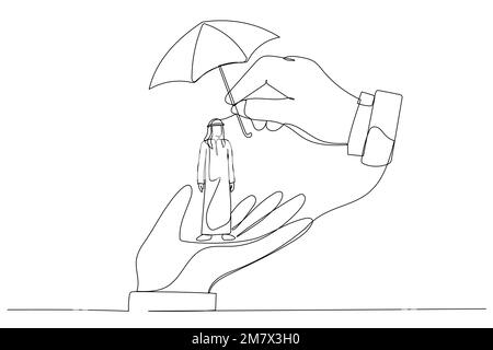 Zeichnung einer Boss-Hand mit winzigen arabischen Geschäftsleuten. Metapher für Mitarbeiterpflege und -Schutz am Arbeitsplatz. Einzeiliger Kunststil Stock Vektor