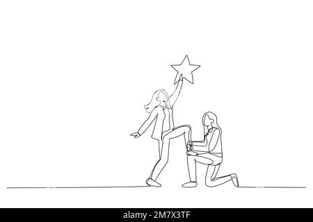 Zeichnung einer Führungskraft, die einen Kollegen unterstützt, auf dem Knie zu stehen, um das Ziel zu erreichen. Metapher für Teamwork. Strichgrafiken Stock Vektor