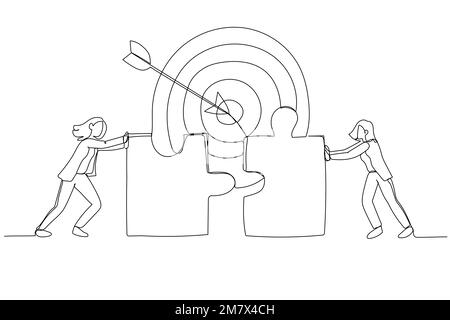Cartoon von Geschäftsfrauen, die Puzzleelemente verbinden. Metapher für das Erreichen des Erfolgsziels bei Teamarbeit. Einzeiliger Kunststil Stock Vektor