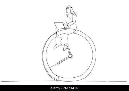 Zeichnung eines arabischen Geschäftsmannes mit einem Computer-Laptop, der auf der Uhr sitzt und arbeitet. Das Konzept "Nachtschicht, Überstunden". Einzelne durchgehende Linie Stock Vektor