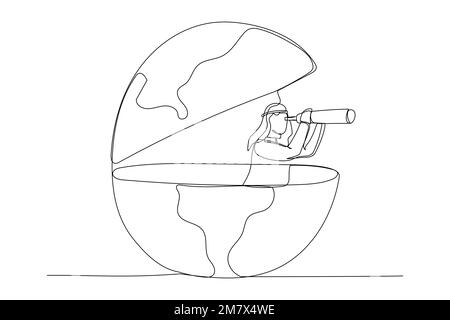 Cartoon eines arabischen Geschäftsmannes, der ein Teleskop benutzt, um nach einer Vision für neue Chancen zu suchen. Arbeit oder Investition, auf der Suche nach Übersee Business conce Stock Vektor