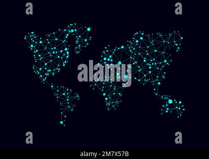Weltkarte mit Kreisen und Linien. Abstrakte polygonale Weltkarte mit Punkten. Globales Netzwerk-Mesh. Vektordarstellung. Esp 10. Stock Vektor
