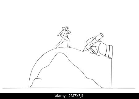 Das Zeichnen einer riesigen Hand zeigt der Geschäftsfrau einen Weg, die Berge zu überqueren, eine Metapher für die Überwindung von Widrigkeiten. Strichgrafik-Stil Stock Vektor
