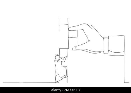 Cartoon eines arabischen Geschäftsmanns, der auf die kaputte Leiter klettert, mit einer riesigen helfenden Hand, die sich verbinden lässt, um höher zu kommen. Einteilige, durchgehende Strichart Stock Vektor