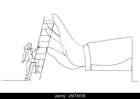 Zeichnung einer ehrgeizigen Geschäftsfrau, die die Leiter hochklettern will, um die Riesenhand zu überwinden und ihn aufzuhalten. Metapher für die Überwindung von Geschäftshindernissen, Hindernissen oder d Stock Vektor